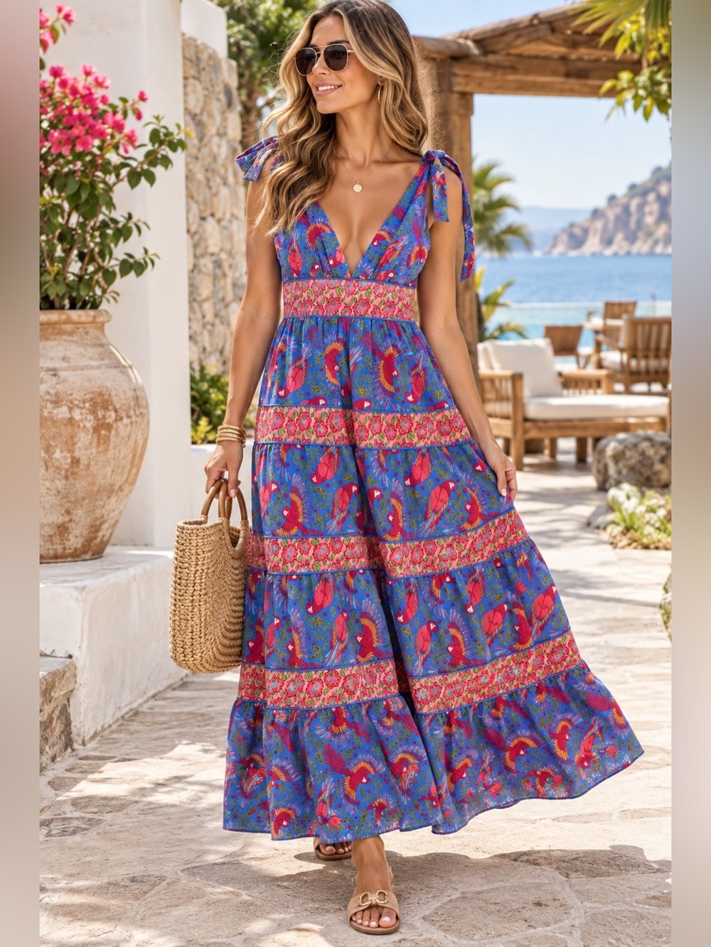 House of Harlow 1960 Blue and Pink Floral Tie-Shoulder Maxi Dress